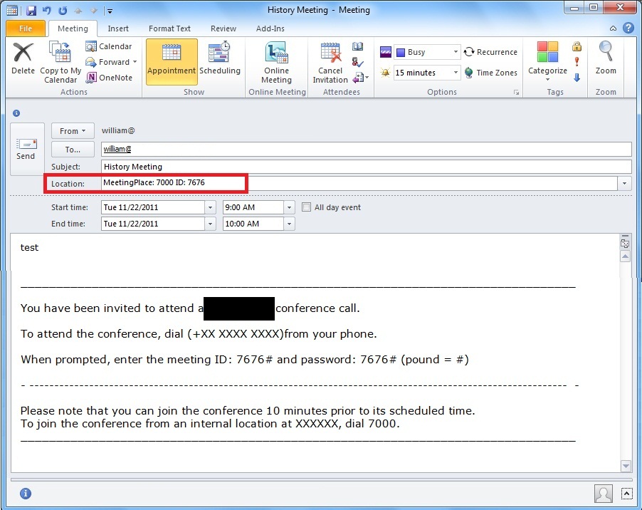 How to edit Outlook meeting "Location" text in Cisco MeetingPlace 8.5.2